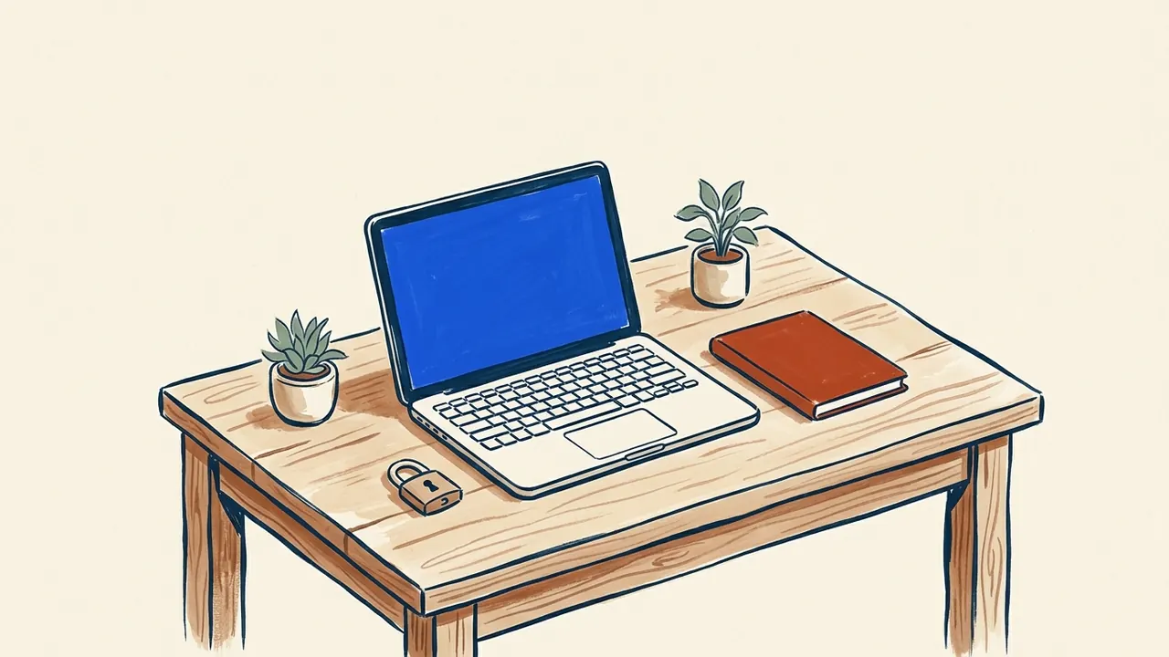 Ordenador portátil con pantalla azul, un candado y un cuaderno sobre una mesa de madera.