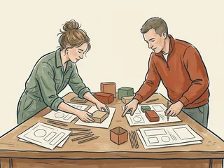Dos personas prueban distintas disposiciones de cajas y dibujos sobre una mesa.