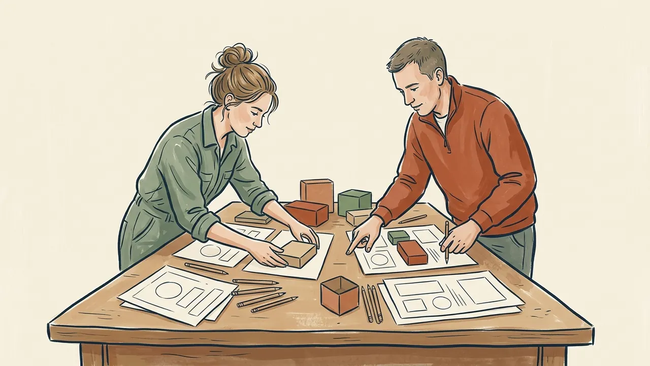 Dos personas prueban distintas disposiciones de cajas y dibujos sobre una mesa.