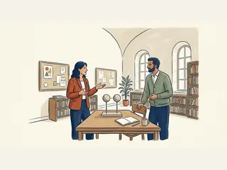 Dos adultos conversando junto a un modelo didáctico de dos esferas.