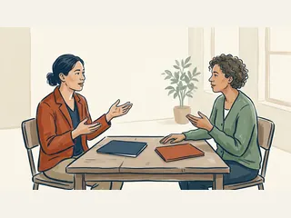 Dos personas adultas conversan ante dos carpetas cerradas sobre una mesa.