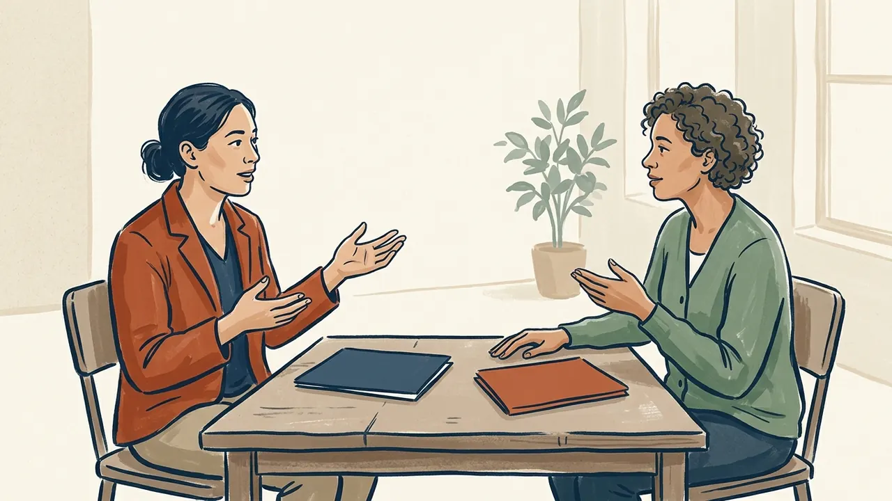 Dos personas adultas conversan ante dos carpetas cerradas sobre una mesa.