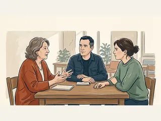 Tres adultos conversan alrededor de una mesa con cuadernos sin inscripciones.