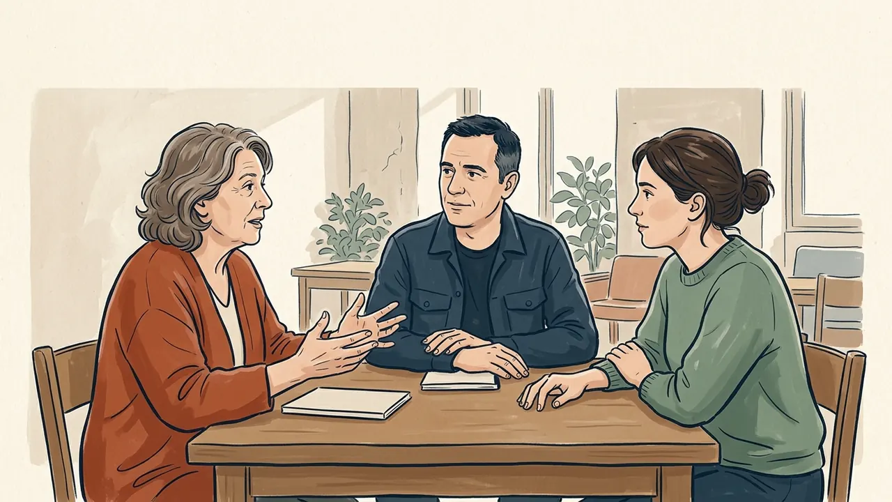 Tres adultos conversan alrededor de una mesa con cuadernos sin inscripciones.