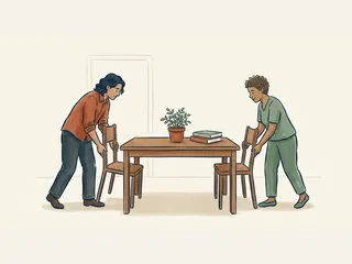 Dos personas adultas colocan sillas a ambos lados de una mesa.