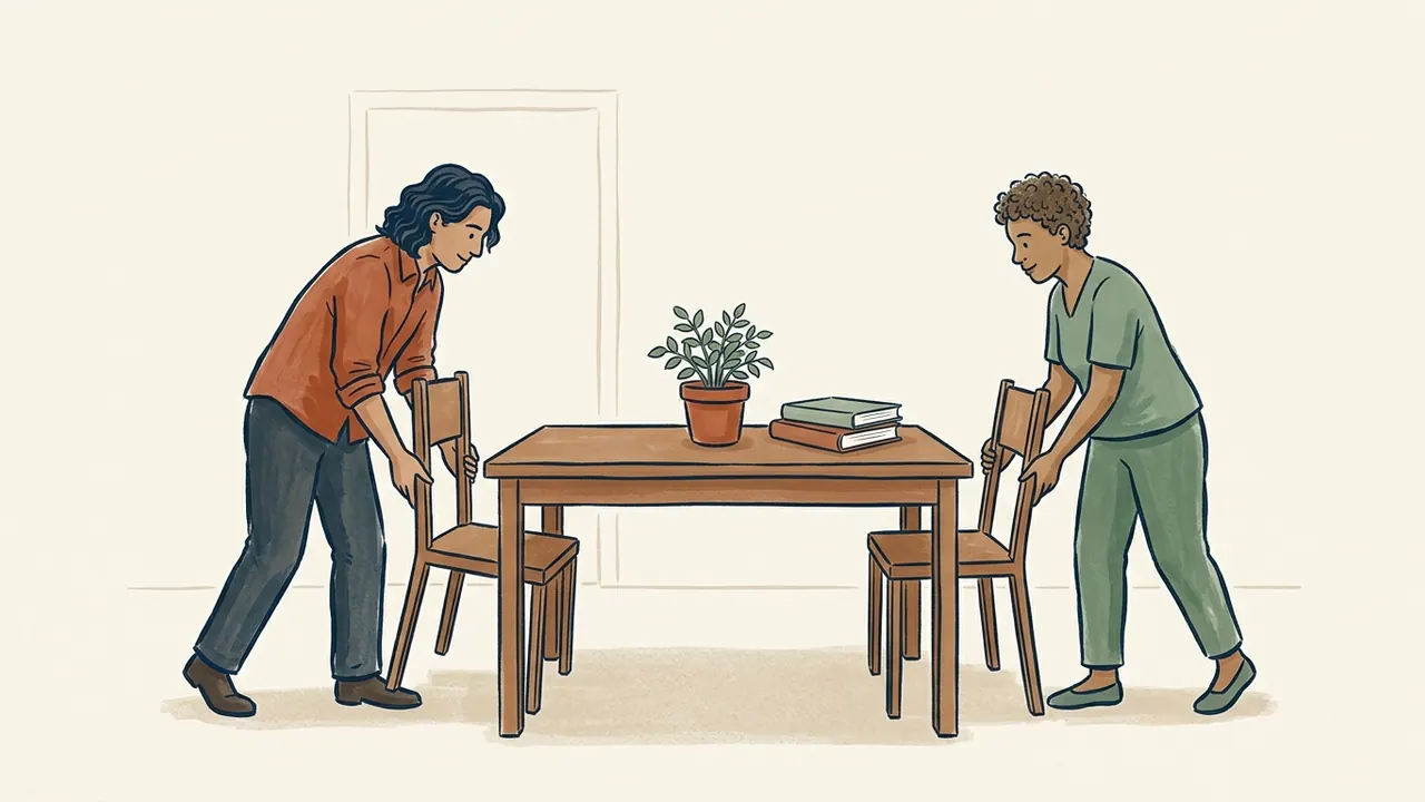 Dos personas adultas colocan sillas a ambos lados de una mesa.