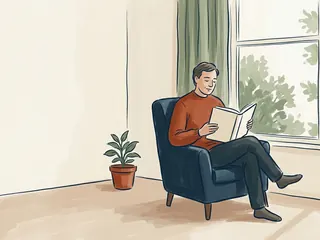 Una persona adulta lee un libro de cubierta lisa en un sillón junto a una ventana.