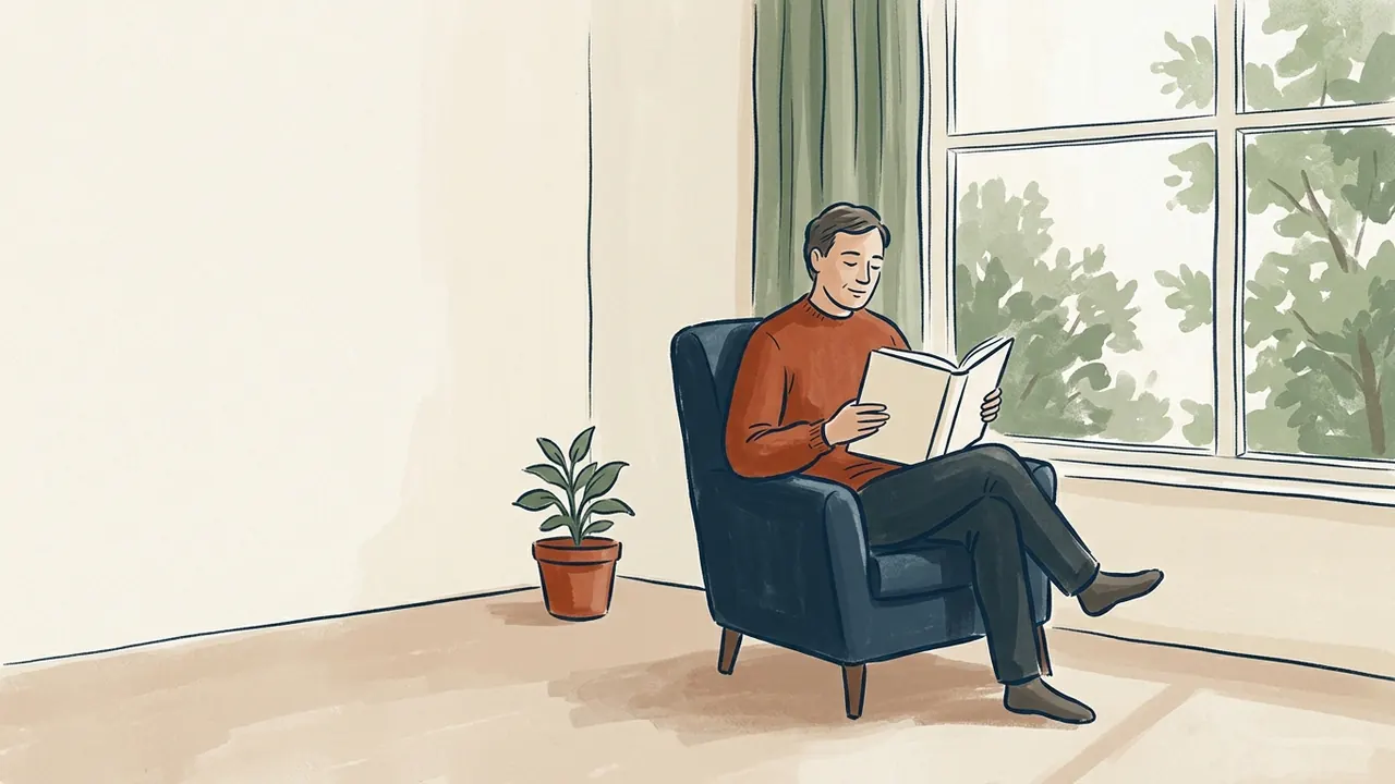 Una persona adulta lee un libro de cubierta lisa en un sillón junto a una ventana.