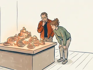 Dos personas observan una maqueta de arquitectura imaginaria con tonos anaranjados sobre un pedestal.