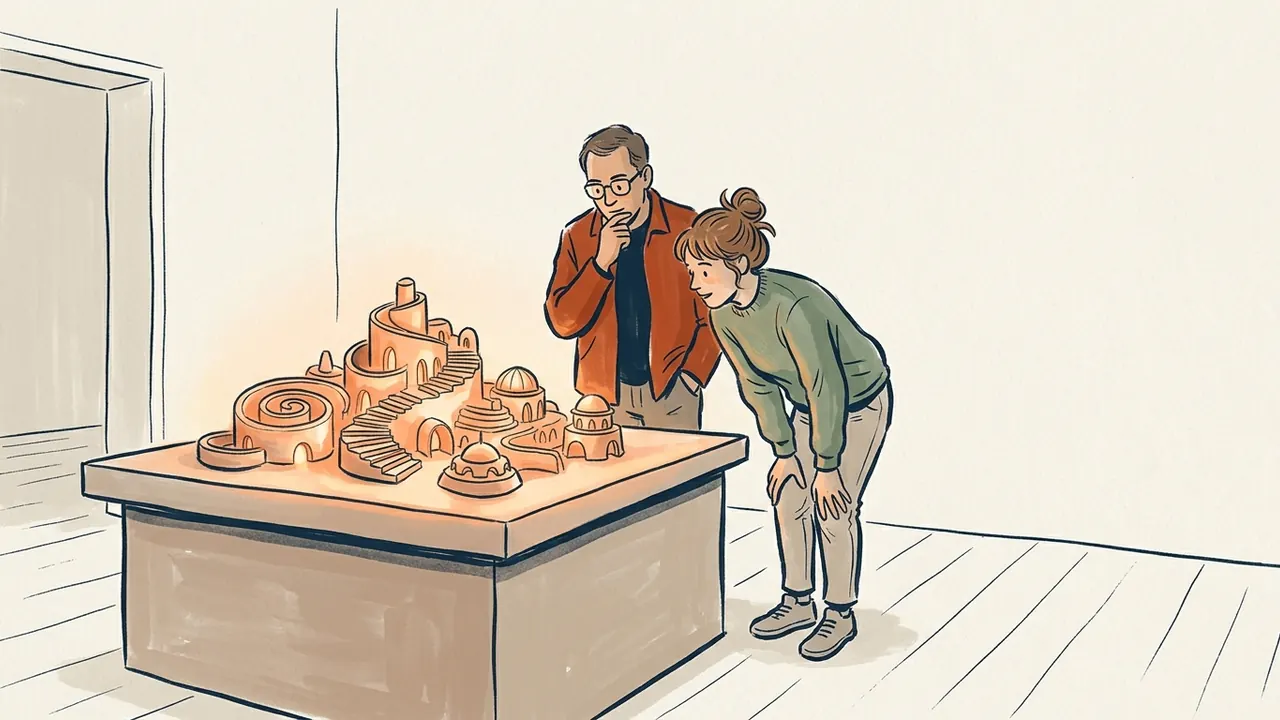Dos personas observan una maqueta de arquitectura imaginaria con tonos anaranjados sobre un pedestal.