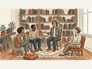 Cuatro personas escuchan y conversan en círculo en una biblioteca.