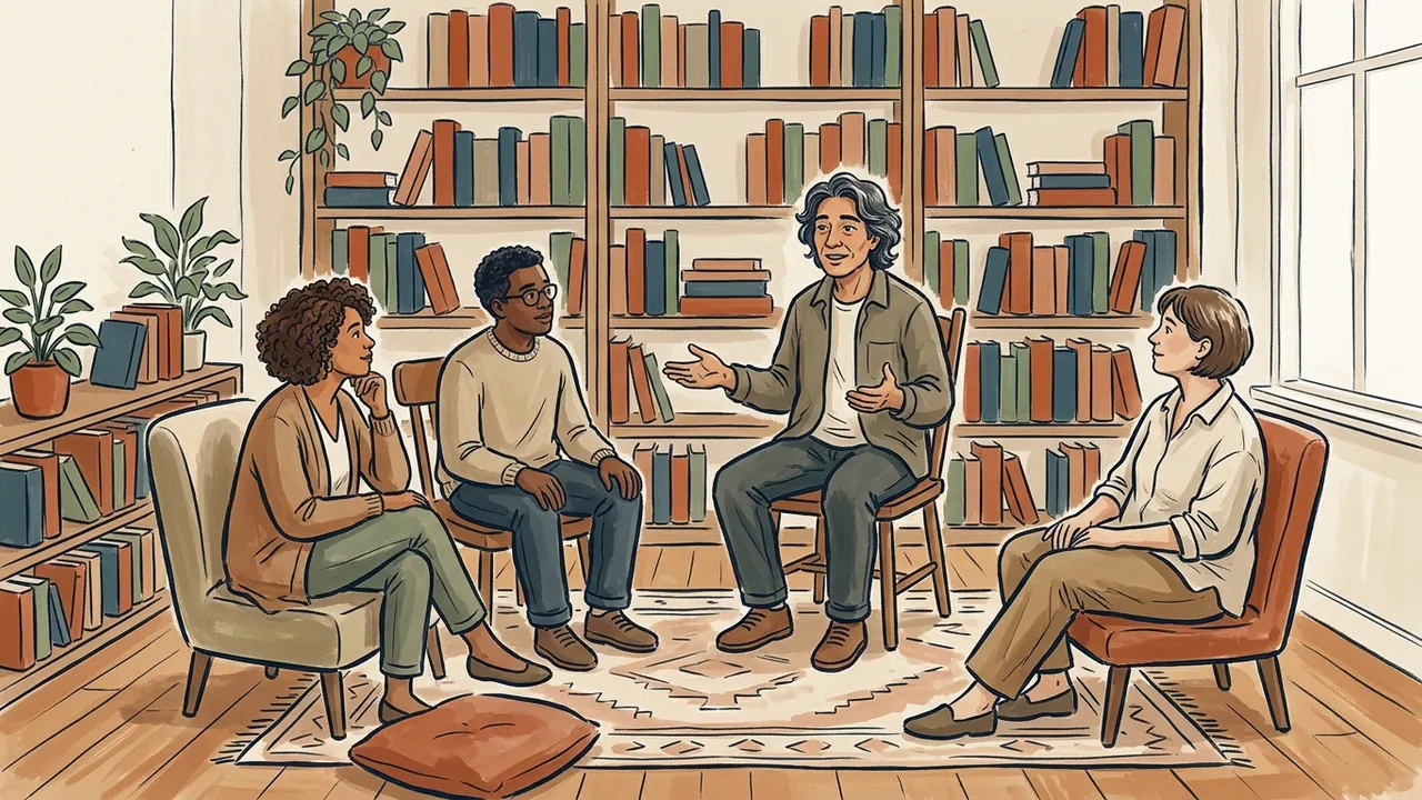 Cuatro personas escuchan y conversan en círculo en una biblioteca.