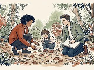 Dos personas adultas y un menor observan hojas caídas y pequeños elementos del suelo de un jardín.