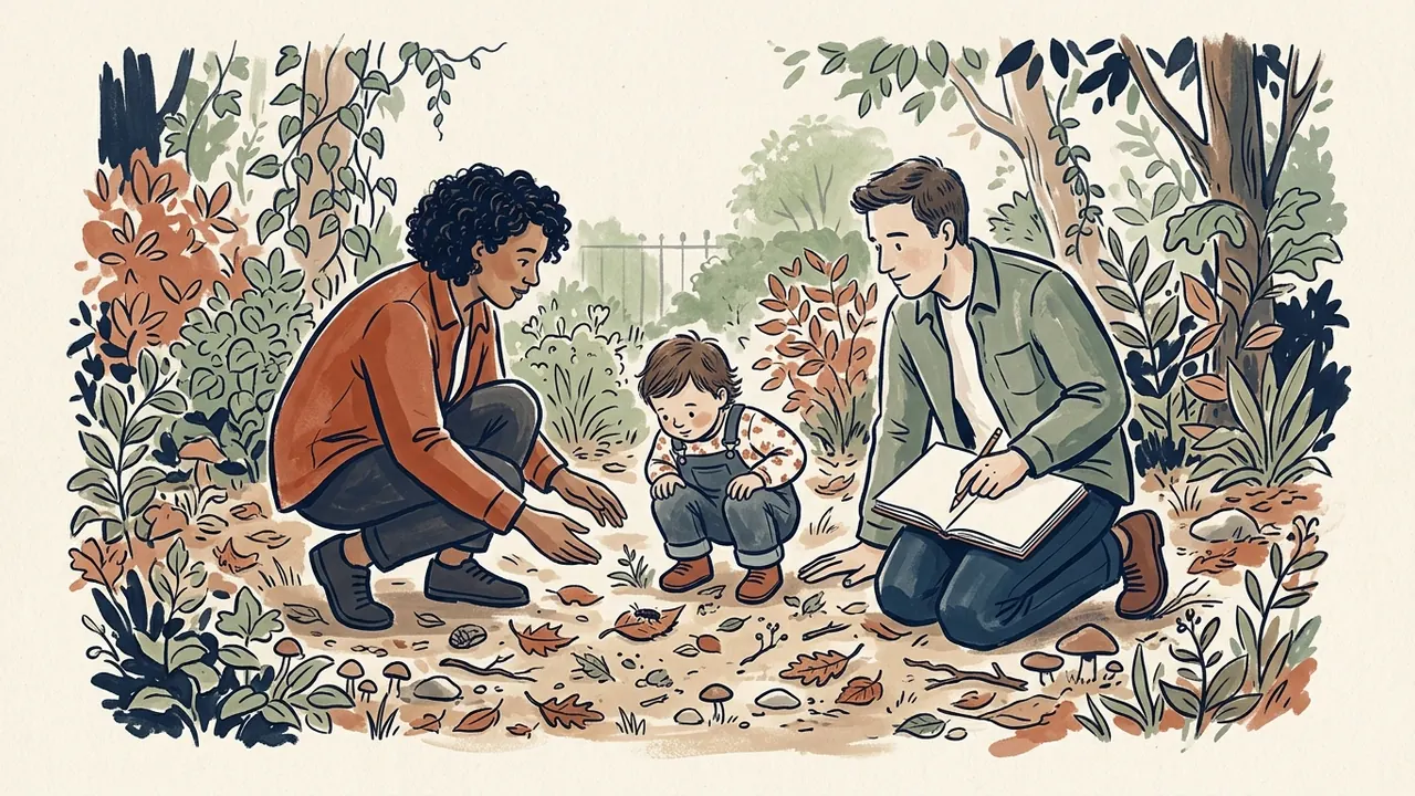 Dos personas adultas y un menor observan hojas caídas y pequeños elementos del suelo de un jardín.