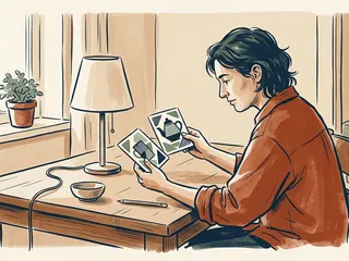 Una persona compara dos fichas ilustradas junto a una lámpara apagada.