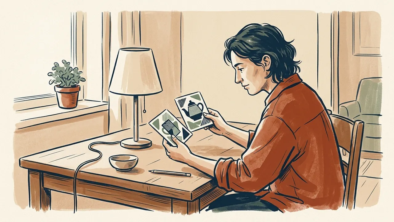 Una persona compara dos fichas ilustradas junto a una lámpara apagada.