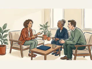 Tres personas adultas conversan alrededor de una mesa baja con una carpeta cerrada.