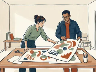 Dos personas adultas preparan láminas con formas abstractas sobre una mesa en una sala.