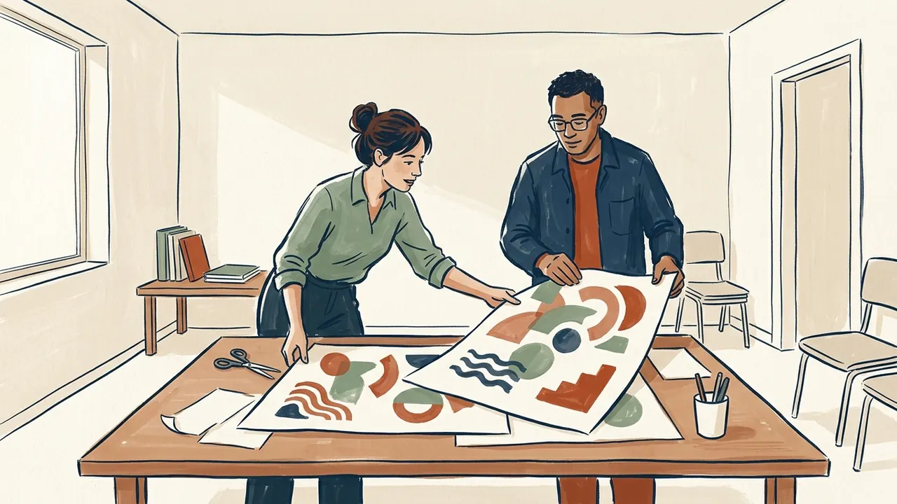 Dos personas adultas preparan láminas con formas abstractas sobre una mesa en una sala.