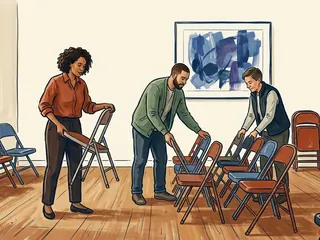Tres personas adultas colocan sillas en una sala comunitaria con una pintura abstracta azul.