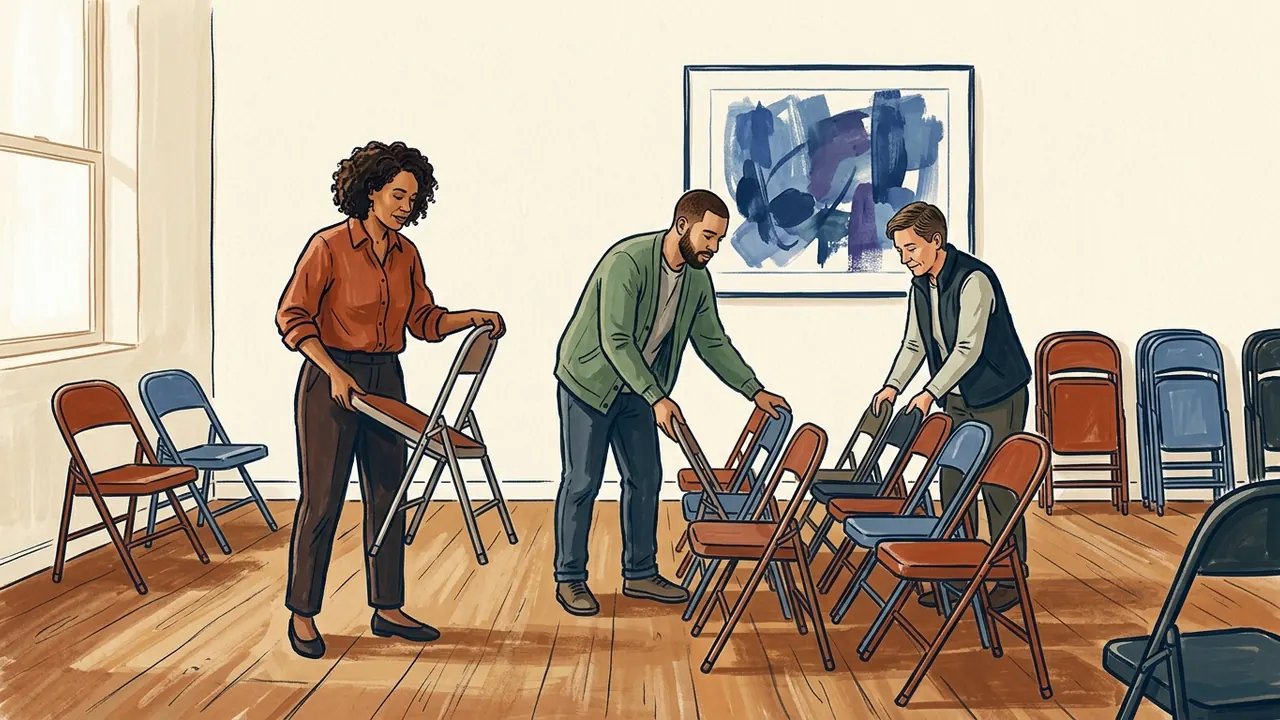 Tres personas adultas colocan sillas en una sala comunitaria con una pintura abstracta azul.