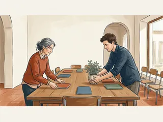 Dos adultos preparan una mesa con cuadernos y una planta para una conversación.