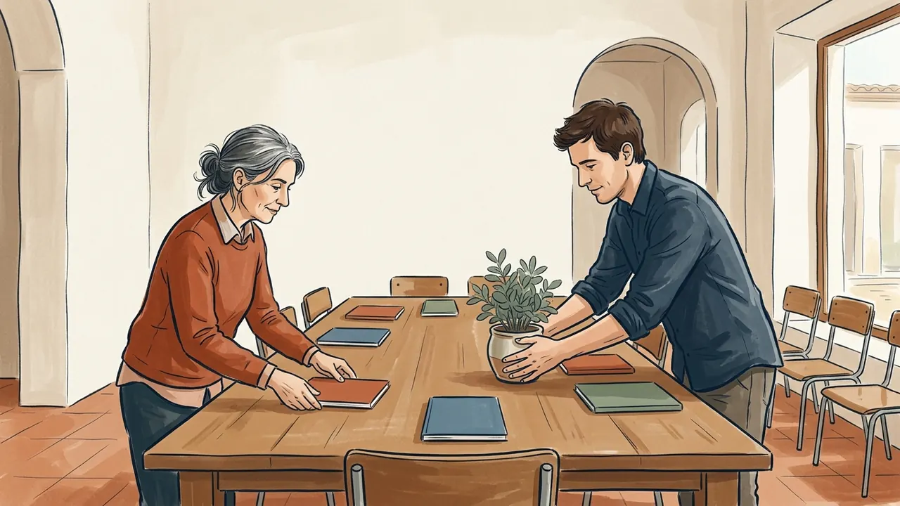 Dos adultos preparan una mesa con cuadernos y una planta para una conversación.