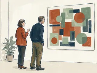 Dos personas observan una composición de rectángulos y círculos de colores en la pared de una sala.