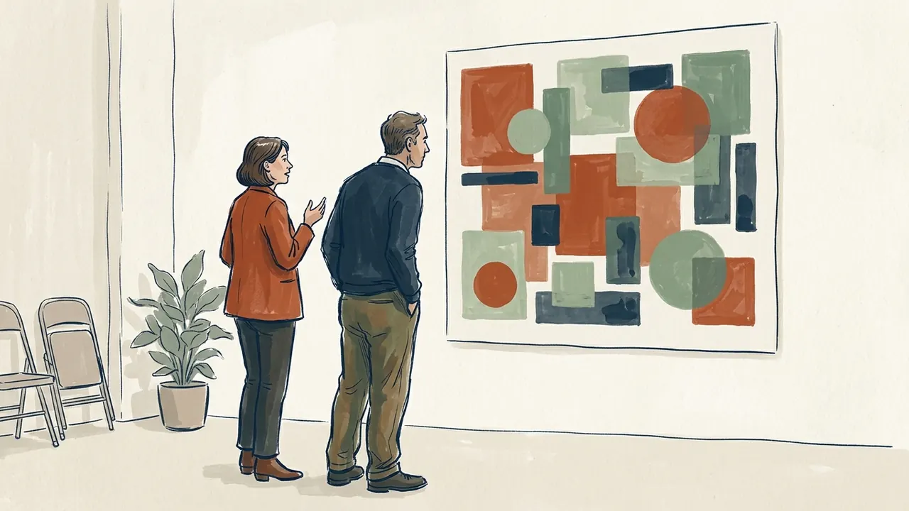 Dos personas observan una composición de rectángulos y círculos de colores en la pared de una sala.
