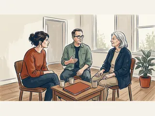 Tres personas conversan en torno a una mesa con una carpeta y tazas.