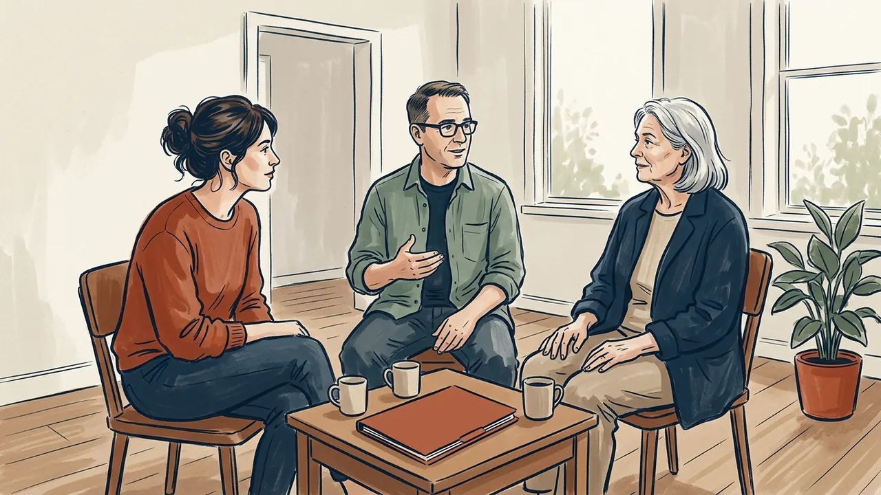 Tres personas conversan en torno a una mesa con una carpeta y tazas.