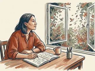 Una persona dibuja formas abstractas en un cuaderno junto a una ventana abierta a un jardín.
