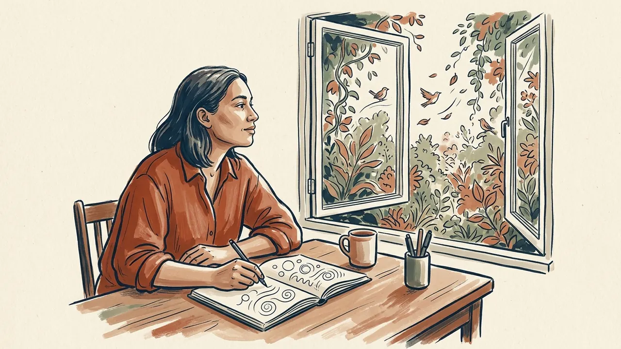 Una persona dibuja formas abstractas en un cuaderno junto a una ventana abierta a un jardín.