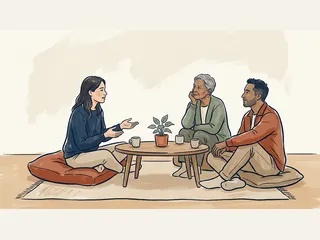 Tres personas adultas conversan alrededor de una mesa baja con una planta y tazas.