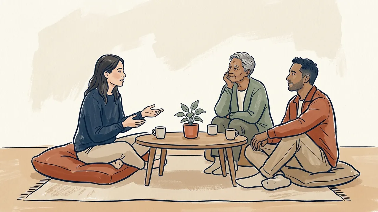 Tres personas adultas conversan alrededor de una mesa baja con una planta y tazas.