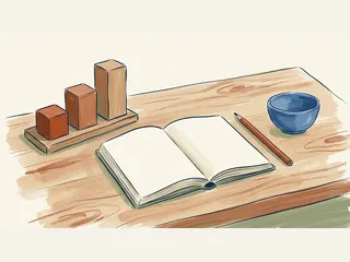Tres bloques de madera de distinta altura junto a una libreta en blanco, un lápiz y un cuenco azul.
