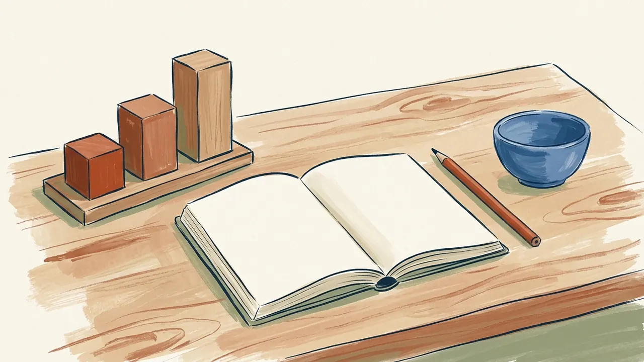Tres bloques de madera de distinta altura junto a una libreta en blanco, un lápiz y un cuenco azul.