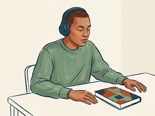 Una persona escucha con auriculares junto a un libro cerrado de cubierta geométrica.
