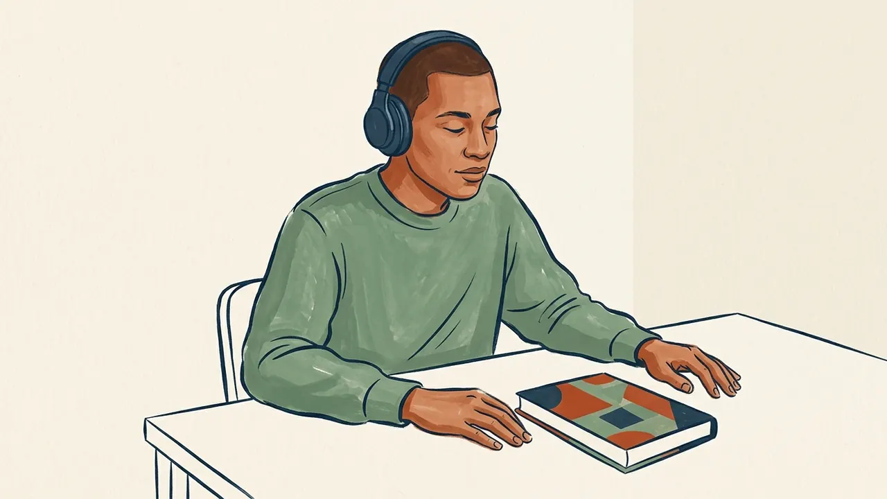 Una persona escucha con auriculares junto a un libro cerrado de cubierta geométrica.