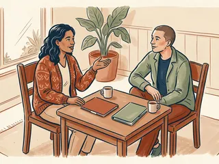 Dos adultos conversan junto a dos cuadernos cerrados y unas tazas.
