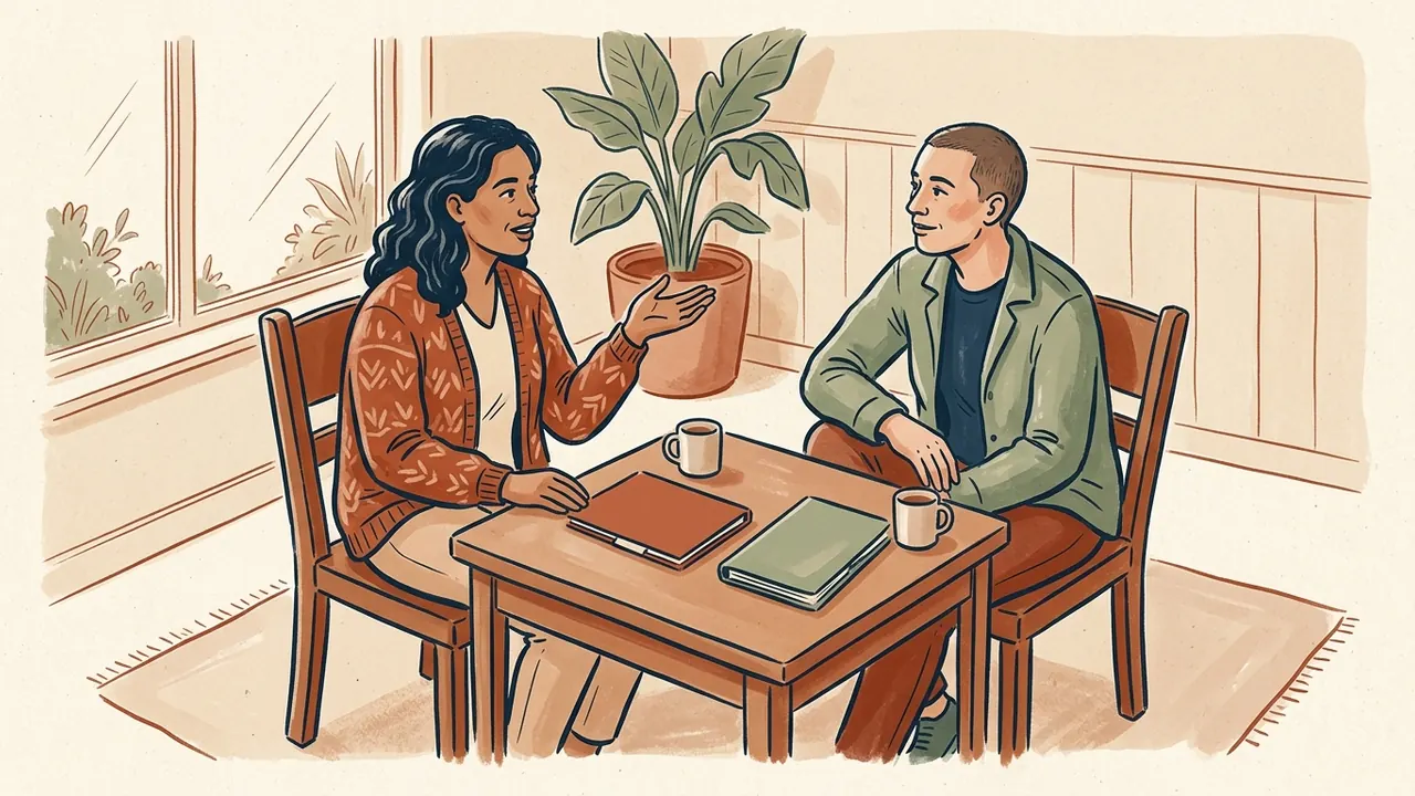 Dos adultos conversan junto a dos cuadernos cerrados y unas tazas.