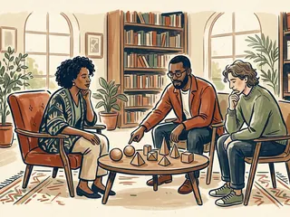 Tres personas dialogan en una biblioteca alrededor de una mesa con figuras geométricas de madera.