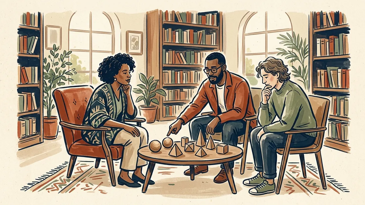 Tres personas dialogan en una biblioteca alrededor de una mesa con figuras geométricas de madera.