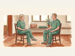 Dos profesionales de fisioterapia conversan sentados en una sala luminosa.