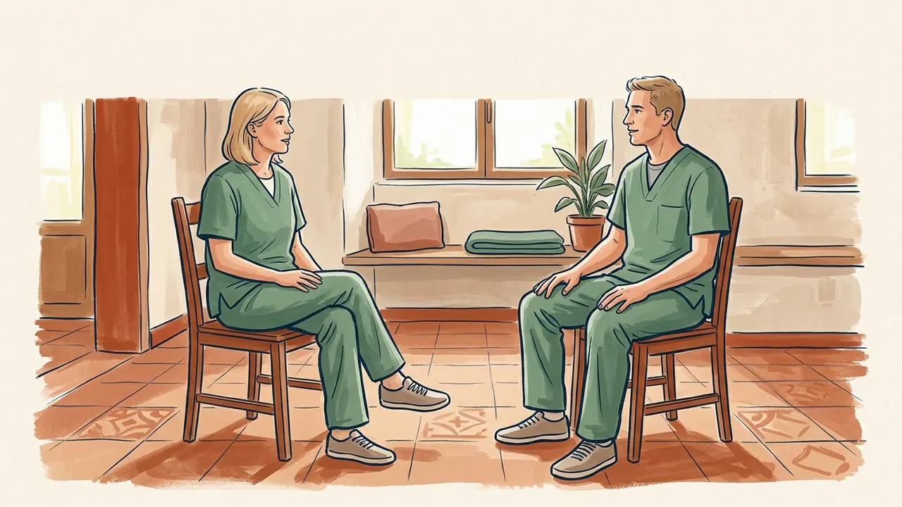 Dos profesionales de fisioterapia conversan sentados en una sala luminosa.