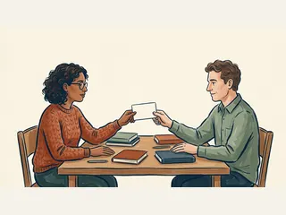 Dos personas comparten una tarjeta en blanco sobre una mesa con libros cerrados.