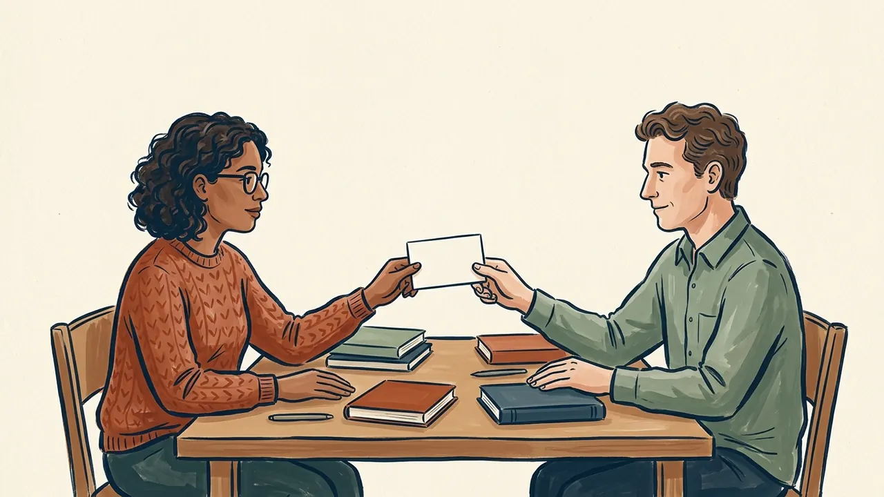 Dos personas comparten una tarjeta en blanco sobre una mesa con libros cerrados.