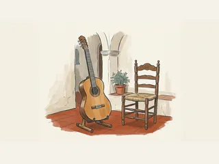 Una guitarra clásica sobre un soporte de madera junto a una silla y una planta en una sala con arcos.