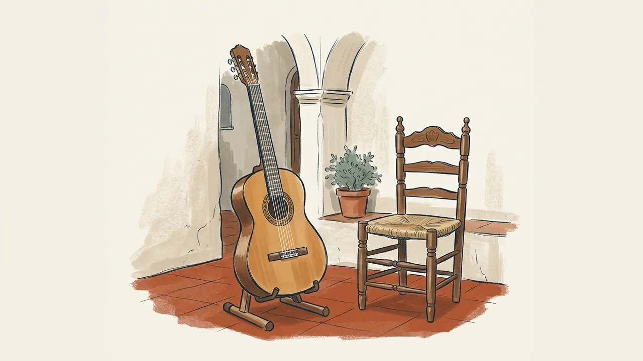 Una guitarra clásica sobre un soporte de madera junto a una silla y una planta en una sala con arcos.