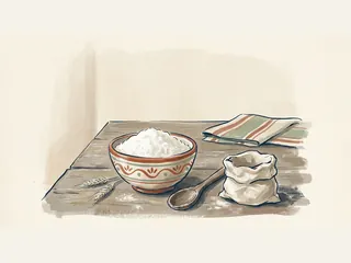Cuenco de harina, saco, cuchara y dos espigas sobre una mesa de cocina.